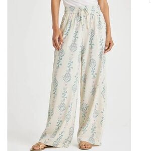 Splendid | Nordstrom Cream Wide-Leg Drawstring Pants with Aqua floral $140 Msrp